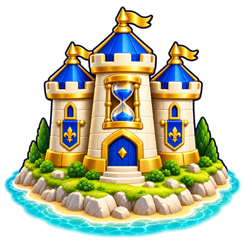 A blue-and-gold citadel on a coastal island