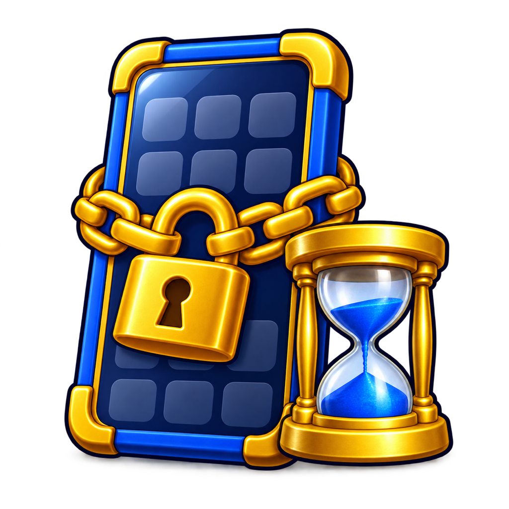A phone protected by a gold lock and hourglass